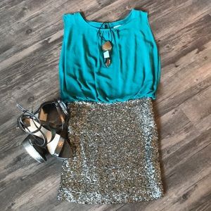 Turquoise, pewter and black dress
